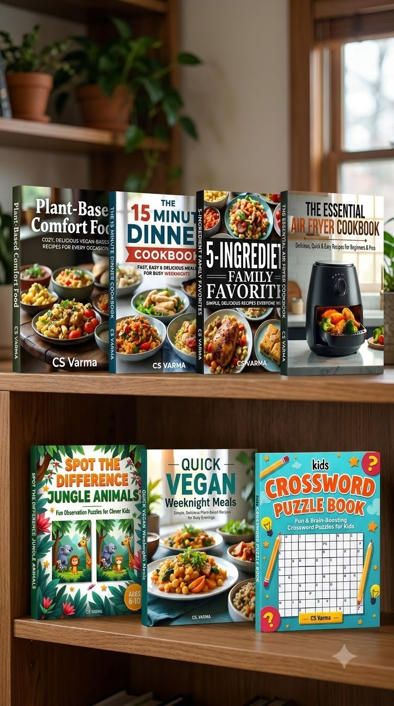 CS Varma books collection featuring fiction, cooking and puzzle books